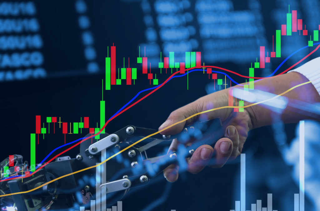 Ludzka dłoń ściska dłoń maszyny. Na zdjęcie nałożony transparentny wykres rynku akcji.