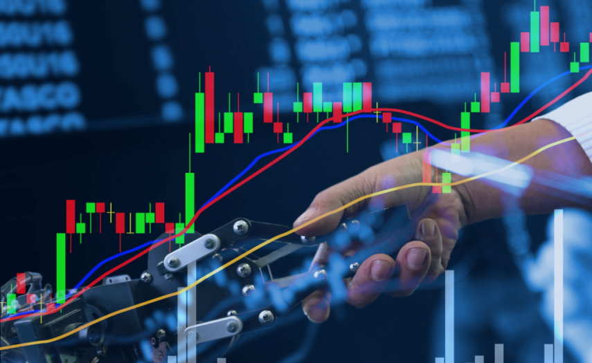 Ludzka dłoń ściska mechaniczną dłoń. Na grafikę nałożony jest wykres giełdy.